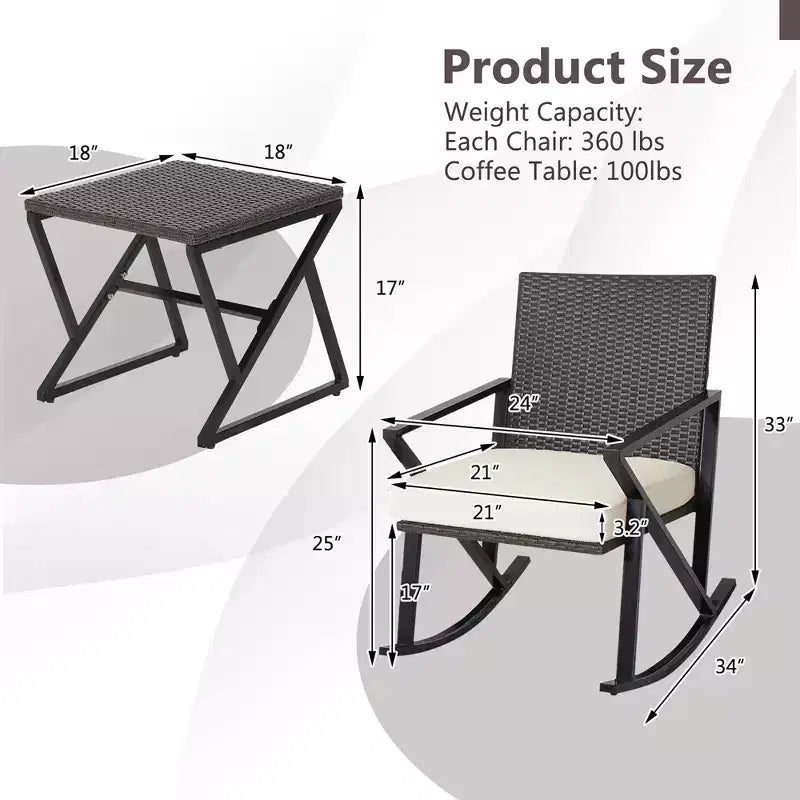 Costway 3PCS Patio Rattan Wicker Rocking Chairs Table Bistro Set Cushioned Rocker Garden