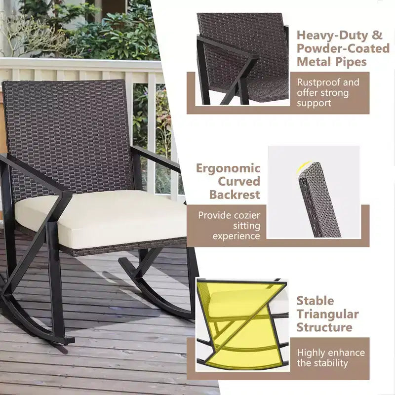 Costway 3PCS Patio Rattan Wicker Rocking Chairs Table Bistro Set Cushioned Rocker Garden