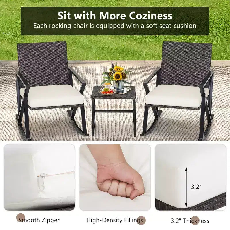 Costway 3PCS Patio Rattan Wicker Rocking Chairs Table Bistro Set Cushioned Rocker Garden