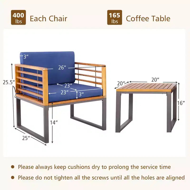 Costway 3pcs Patio Acacia Wood Bistro Conversation Cushioned Chair & Table Set Outdoor