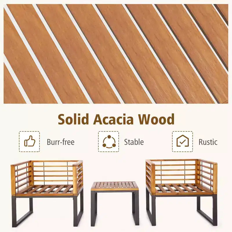 Costway 3pcs Patio Acacia Wood Bistro Conversation Cushioned Chair & Table Set Outdoor