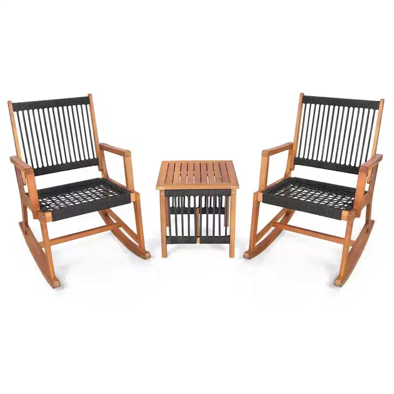 Costway 3pcs Patio Acacia Wood Bistro Table Rocking Chair Set All-Weather Rope Outdoor