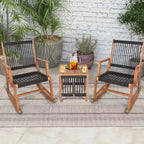 Costway 3pcs Patio Acacia Wood Bistro Table Rocking Chair Set All-Weather Rope Outdoor