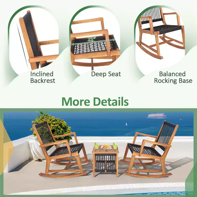 Costway 3pcs Patio Acacia Wood Bistro Table Rocking Chair Set All-Weather Rope Outdoor
