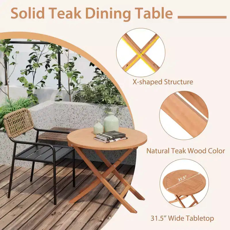 Costway 3pcs Patio Outdoor Indonesia Teak Wood Bistro Dining Set Folding Chair & Table Slatted