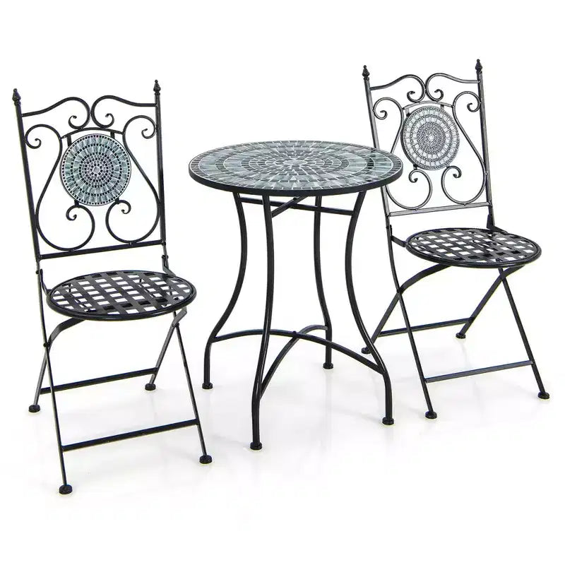 Costway 3pcs Patio Bistro Set Mosaic Pattern Heavy-Duty Metal Dining Folding Outdoor