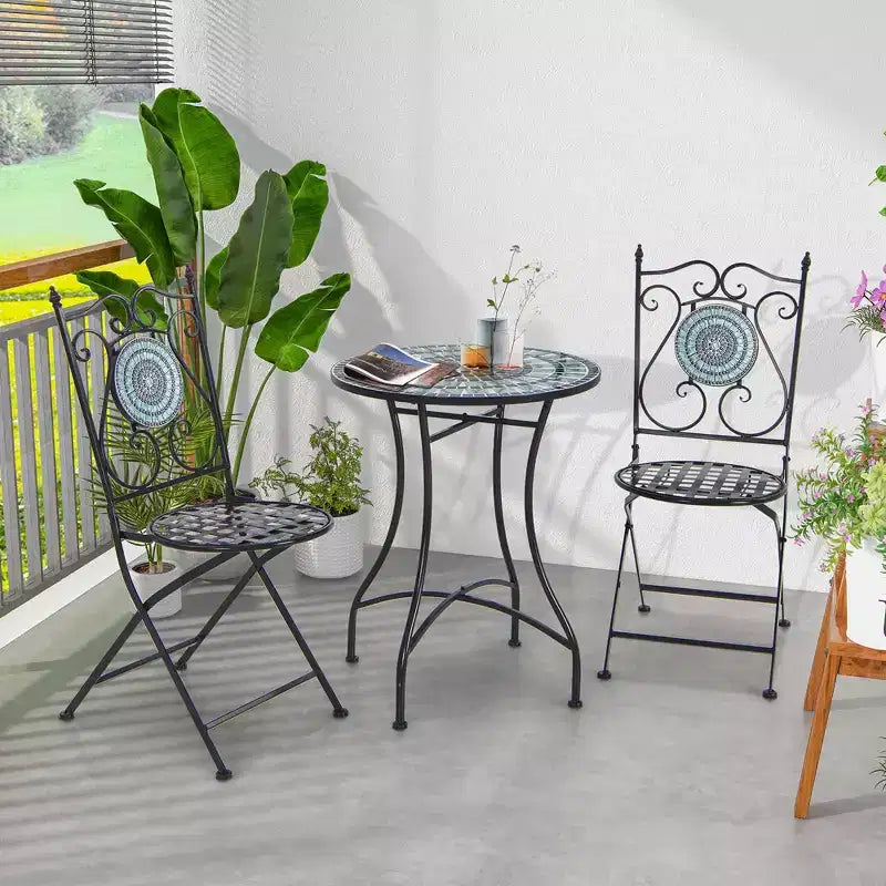 Costway 3pcs Patio Bistro Set Mosaic Pattern Heavy-Duty Metal Dining Folding Outdoor