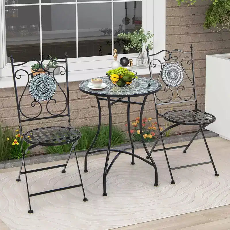 Costway 3pcs Patio Bistro Set Mosaic Pattern Heavy-Duty Metal Dining Folding Outdoor