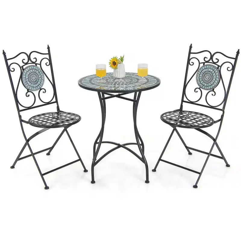 Costway 3pcs Patio Bistro Set Mosaic Pattern Heavy-Duty Metal Dining Folding Outdoor