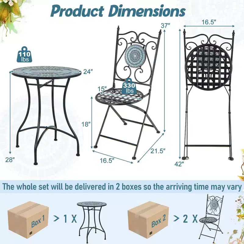Costway 3pcs Patio Bistro Set Mosaic Pattern Heavy-Duty Metal Dining Folding Outdoor