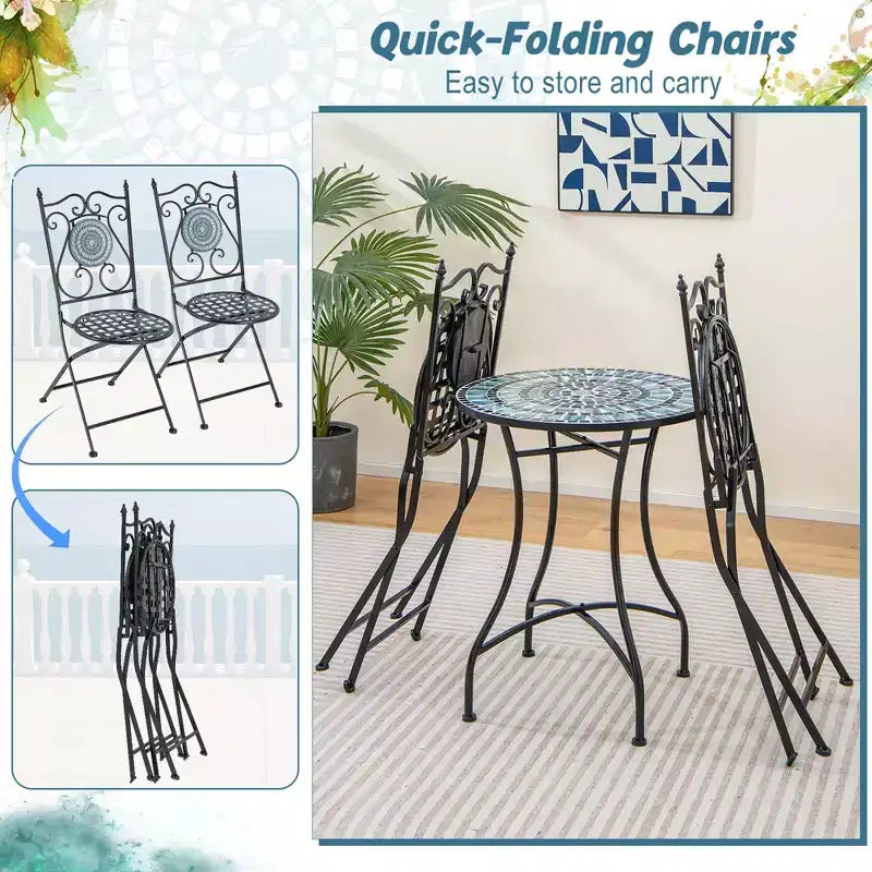 Costway 3pcs Patio Bistro Set Mosaic Pattern Heavy-Duty Metal Dining Folding Outdoor