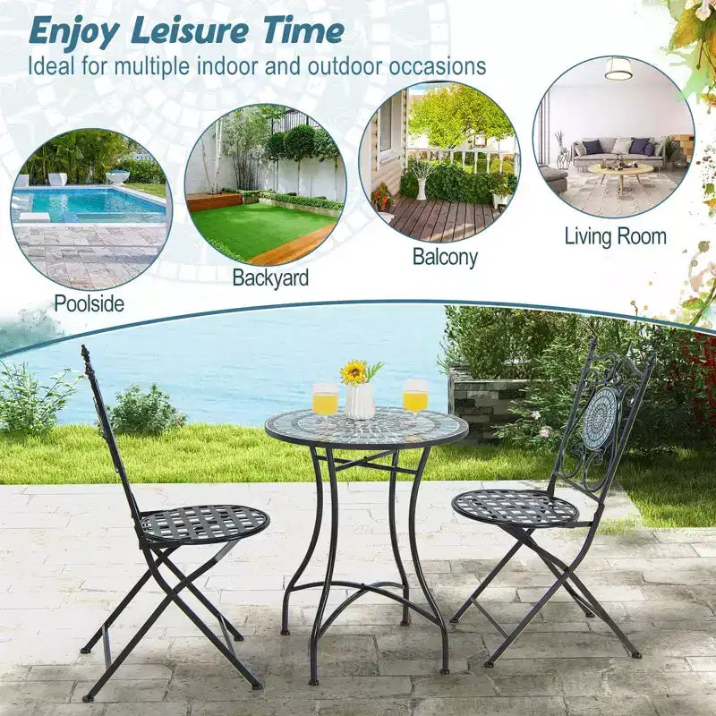 Costway 3pcs Patio Bistro Set Mosaic Pattern Heavy-Duty Metal Dining Folding Outdoor