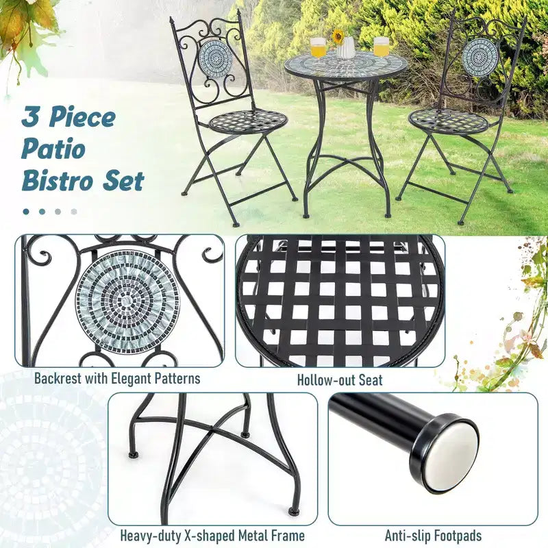 Costway 3pcs Patio Bistro Set Mosaic Pattern Heavy-Duty Metal Dining Folding Outdoor