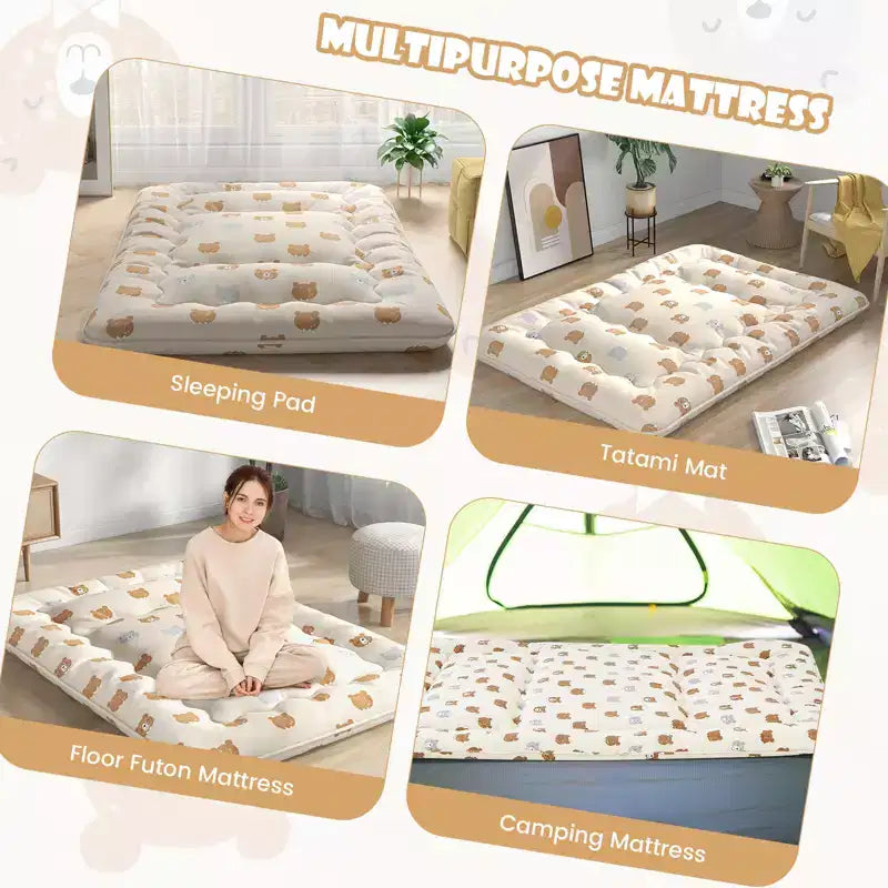 Costway Full/King/Queen/Twin Futon Mattress Japanese Floor Pad Washable Cover Carry Bag Brown Bear