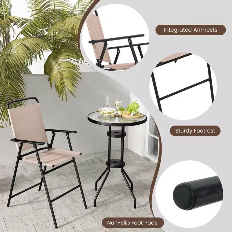 Costway 3PCS Patio Bistro Set Folding Chairs Round Bar Table with 1.6'' Umbrella Hole Yard