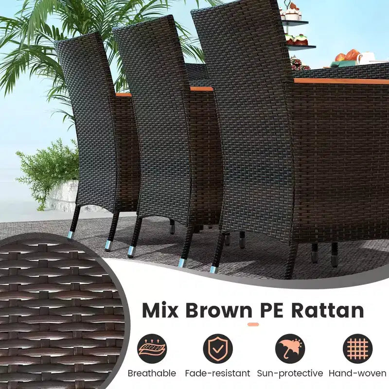 Costway 9PCS Patio Wicker Dining Set Acacia Wood Table Top Umbrella Hole Cushions Chairs