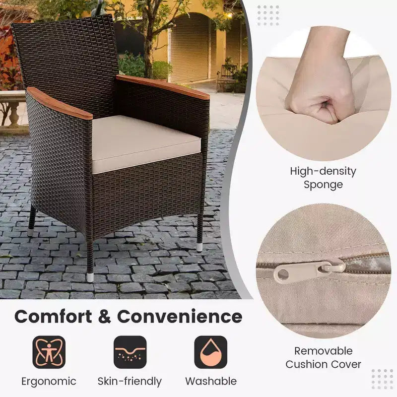 Costway 9PCS Patio Wicker Dining Set Acacia Wood Table Top Umbrella Hole Cushions Chairs