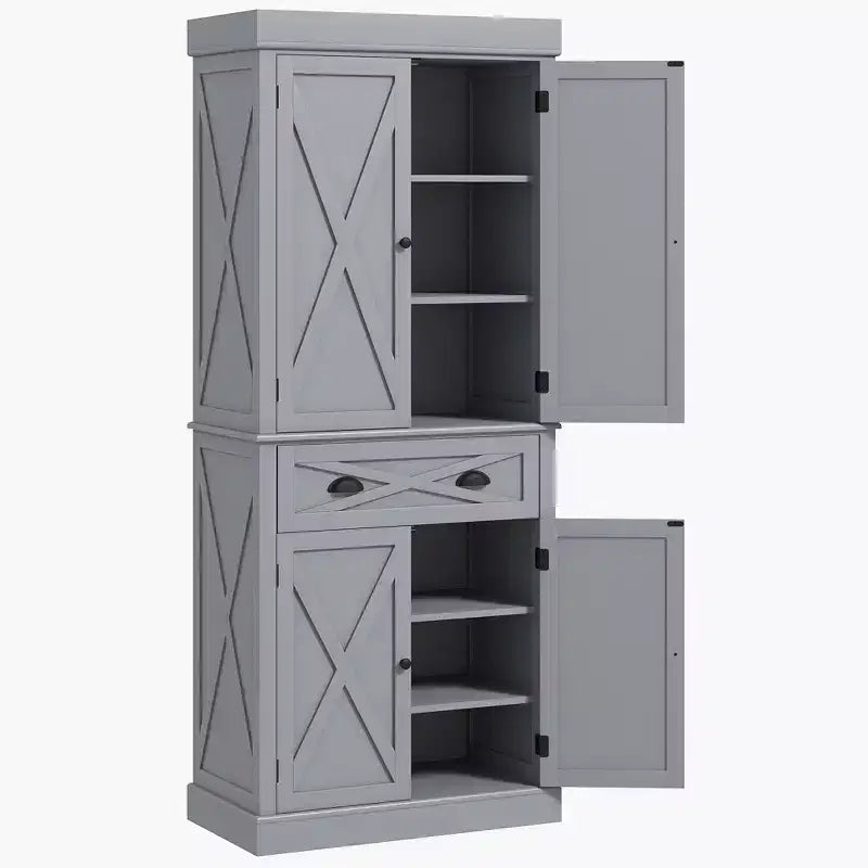HOMCOM Freestanding Modern Farmhouse 4 Door Kitchen Pantry Cabinet, Storage Cabinet Organizer with 6-Tiers, 1 Drawer and 4 Adjustable Shelves