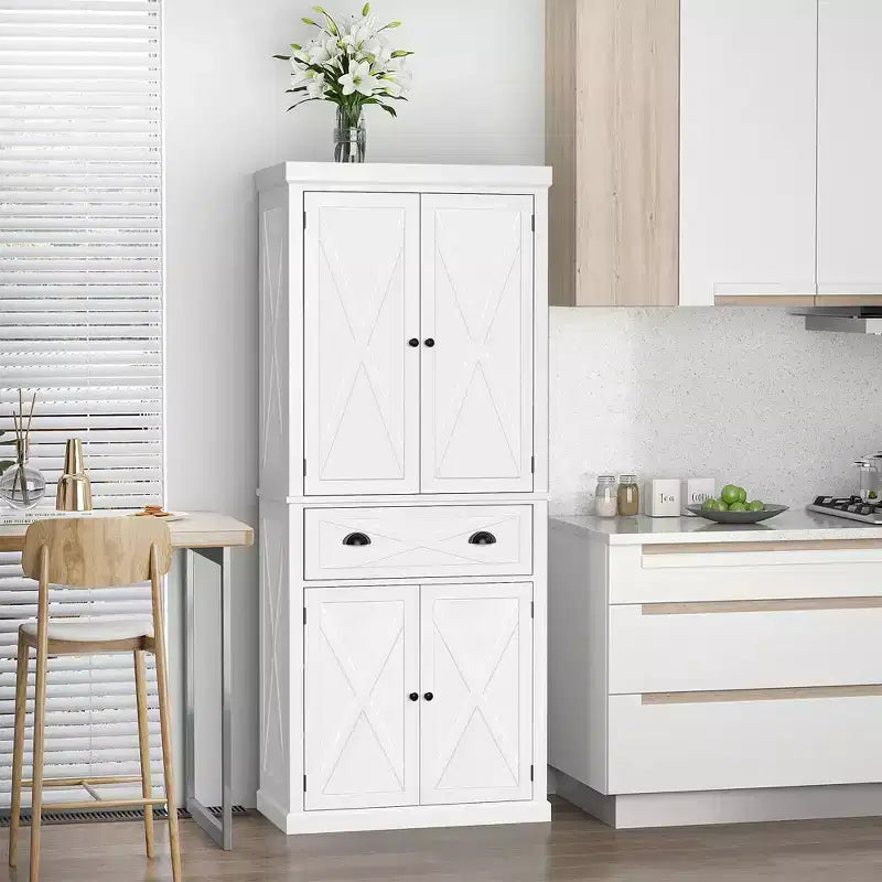 HOMCOM Freestanding Modern Farmhouse 4 Door Kitchen Pantry Cabinet, Storage Cabinet Organizer with 6-Tiers, 1 Drawer and 4 Adjustable Shelves