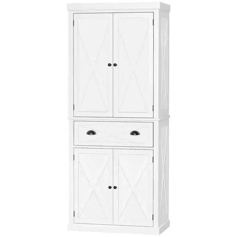 HOMCOM Freestanding Modern Farmhouse 4 Door Kitchen Pantry Cabinet, Storage Cabinet Organizer with 6-Tiers, 1 Drawer and 4 Adjustable Shelves
