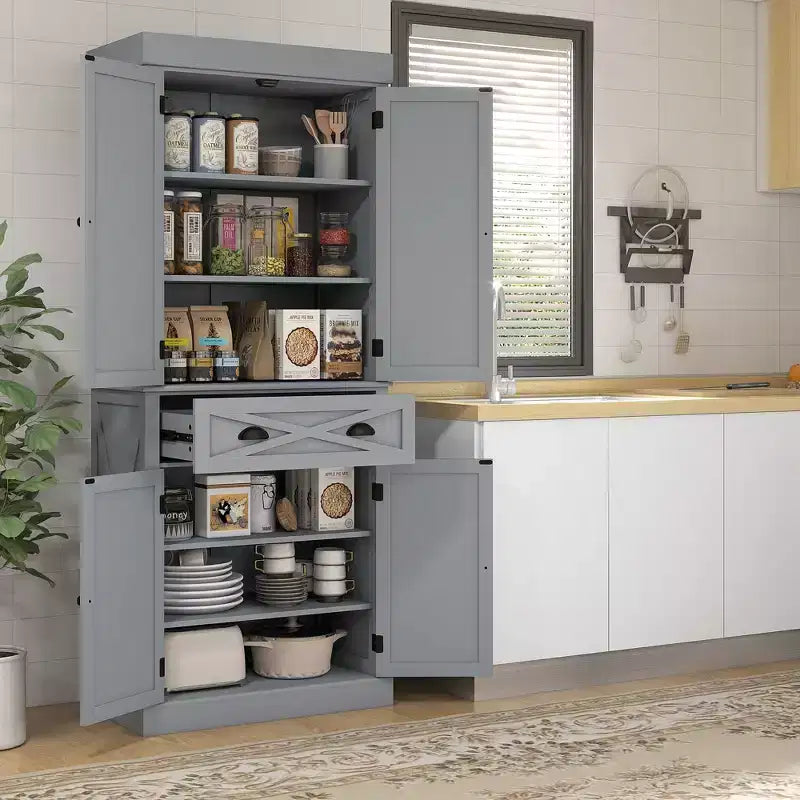 HOMCOM Freestanding Modern Farmhouse 4 Door Kitchen Pantry Cabinet, Storage Cabinet Organizer with 6-Tiers, 1 Drawer and 4 Adjustable Shelves