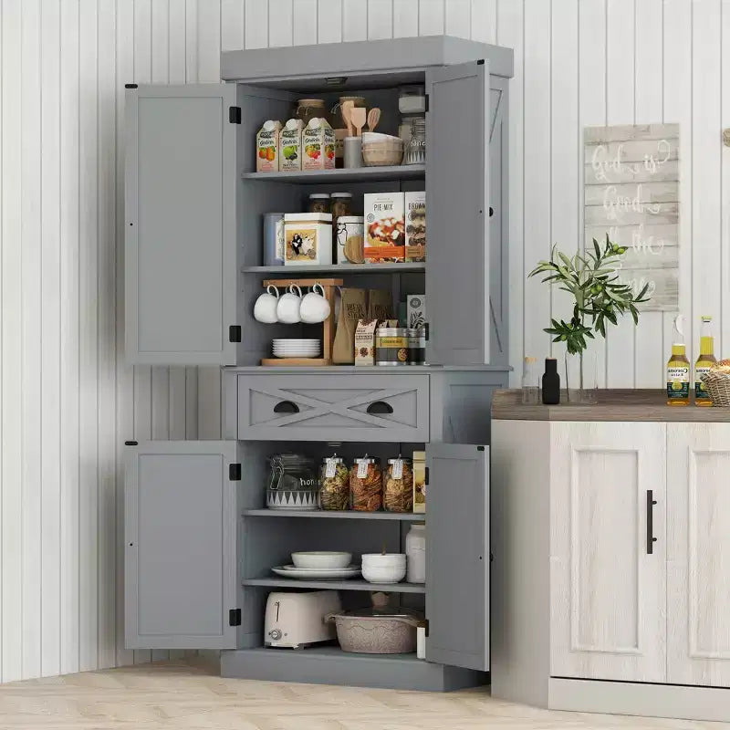 HOMCOM Freestanding Modern Farmhouse 4 Door Kitchen Pantry Cabinet, Storage Cabinet Organizer with 6-Tiers, 1 Drawer and 4 Adjustable Shelves