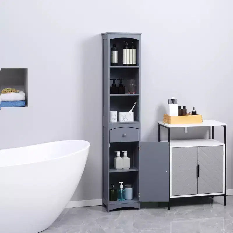 HOMCOM Bathroom Storage Cabinet, Free Standing Bath Storage Unit, Tall Linen Tower with 3-Tier Shelves and Drawer