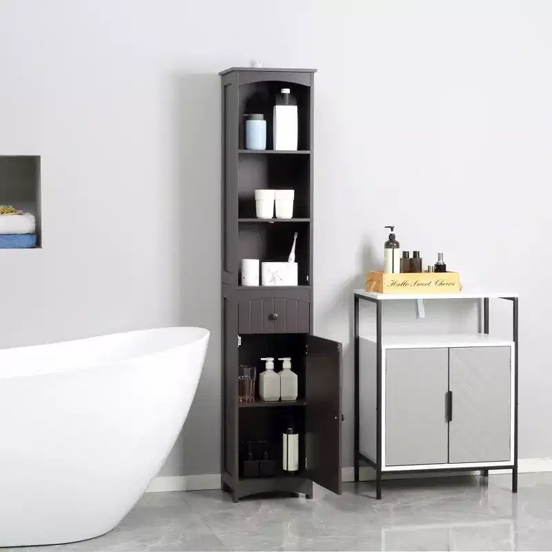 HOMCOM Bathroom Storage Cabinet, Free Standing Bath Storage Unit, Tall Linen Tower with 3-Tier Shelves and Drawer