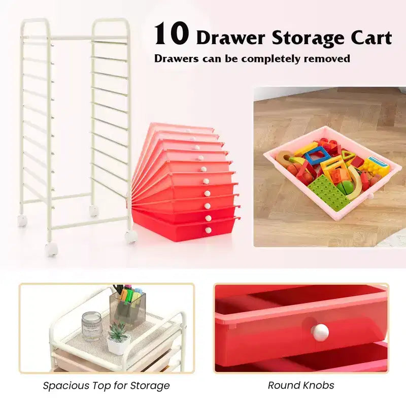 Costway 10 Drawer Rolling Storage Cart Scrapbook Paper Office School Organizer Gradient Black/Gradient Pink/Multicolor/Yellow/Colorful/Clear/Black/Hot Pink/Skin Pink/Purple