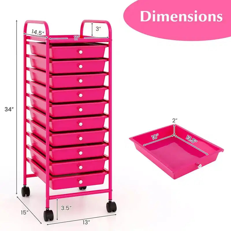 Costway 10 Drawer Rolling Storage Cart Scrapbook Paper Office School Organizer Gradient Black/Gradient Pink/Multicolor/Yellow/Colorful/Clear/Black/Hot Pink/Skin Pink/Purple