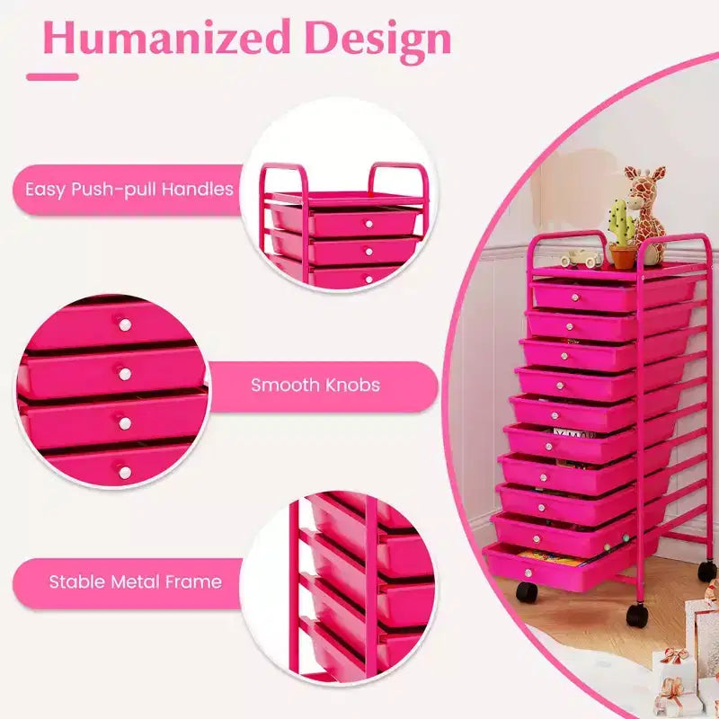 Costway 10 Drawer Rolling Storage Cart Scrapbook Paper Office School Organizer Gradient Black/Gradient Pink/Multicolor/Yellow/Colorful/Clear/Black/Hot Pink/Skin Pink/Purple