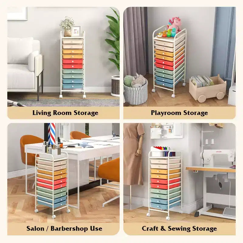 Costway 10 Drawer Rolling Storage Cart Scrapbook Paper Office School Organizer Gradient Black/Gradient Pink/Multicolor/Yellow/Colorful/Clear/Black/Hot Pink/Skin Pink/Purple