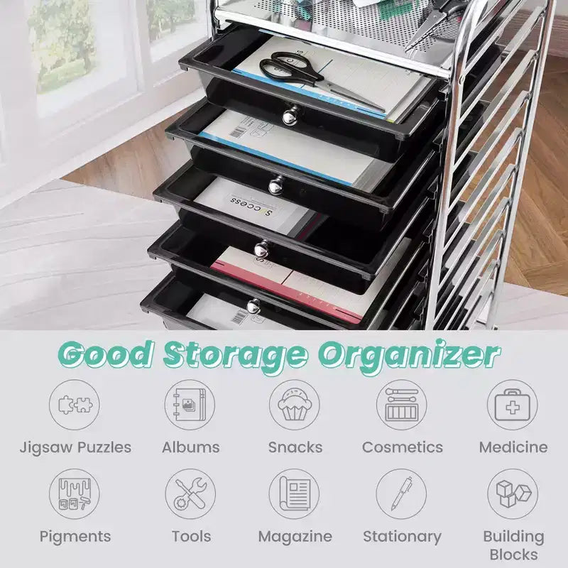 Costway 10 Drawer Rolling Storage Cart Scrapbook Paper Office School Organizer Gradient Black/Gradient Pink/Multicolor/Yellow/Colorful/Clear/Black/Hot Pink/Skin Pink/Purple