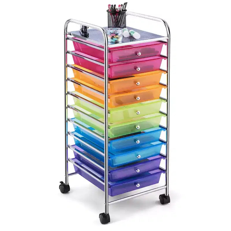 Costway 10 Drawer Rolling Storage Cart Scrapbook Paper Office School Organizer Gradient Black/Gradient Pink/Multicolor/Yellow/Colorful/Clear/Black/Hot Pink/Skin Pink/Purple