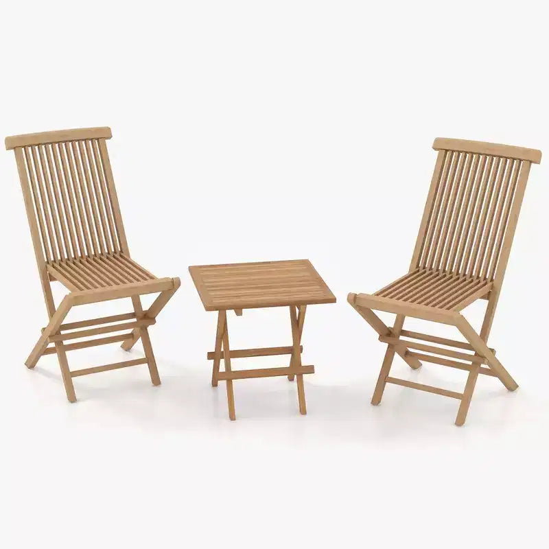 Costway 3PCS Patio Bistro Set Square Table Indonesia Teak Wood Folding Chair Slatted Tabletop Seat