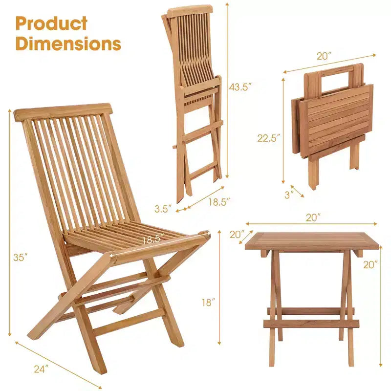Costway 3PCS Patio Bistro Set Square Table Indonesia Teak Wood Folding Chair Slatted Tabletop Seat