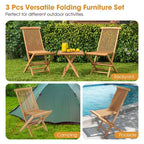 Costway 3PCS Patio Bistro Set Square Table Indonesia Teak Wood Folding Chair Slatted Tabletop Seat