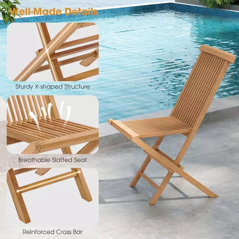 Costway 3PCS Patio Bistro Set Square Table Indonesia Teak Wood Folding Chair Slatted Tabletop Seat
