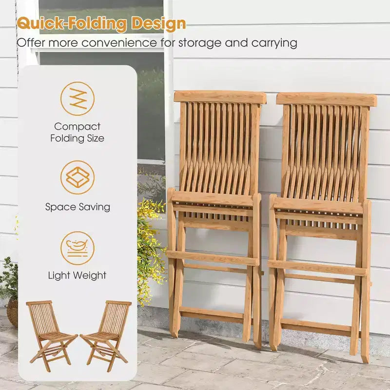 Costway 3PCS Patio Bistro Set Square Table Indonesia Teak Wood Folding Chair Slatted Tabletop Seat
