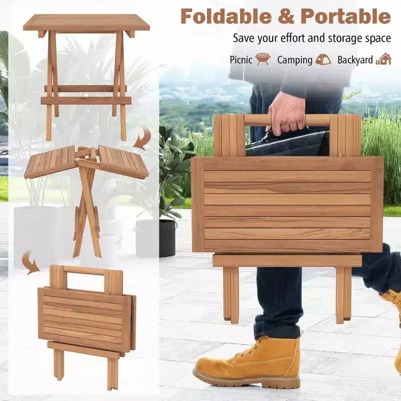Costway 3PCS Patio Bistro Set Square Table Indonesia Teak Wood Folding Chair Slatted Tabletop Seat