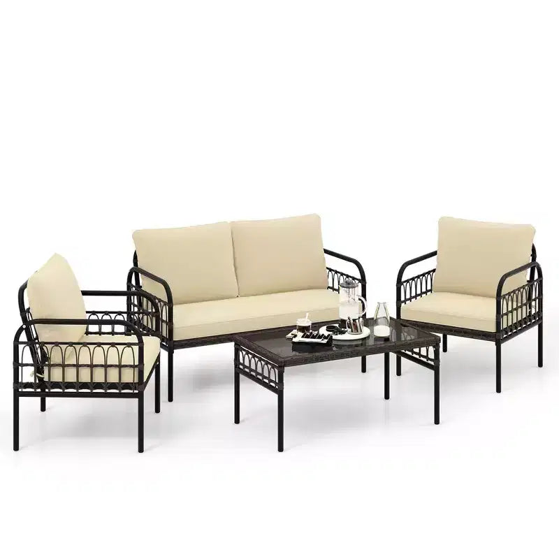 Costway 4 PCS Patio Furniture Set Outdoor Wicker Conversation Bistro Set with Soft Cushions