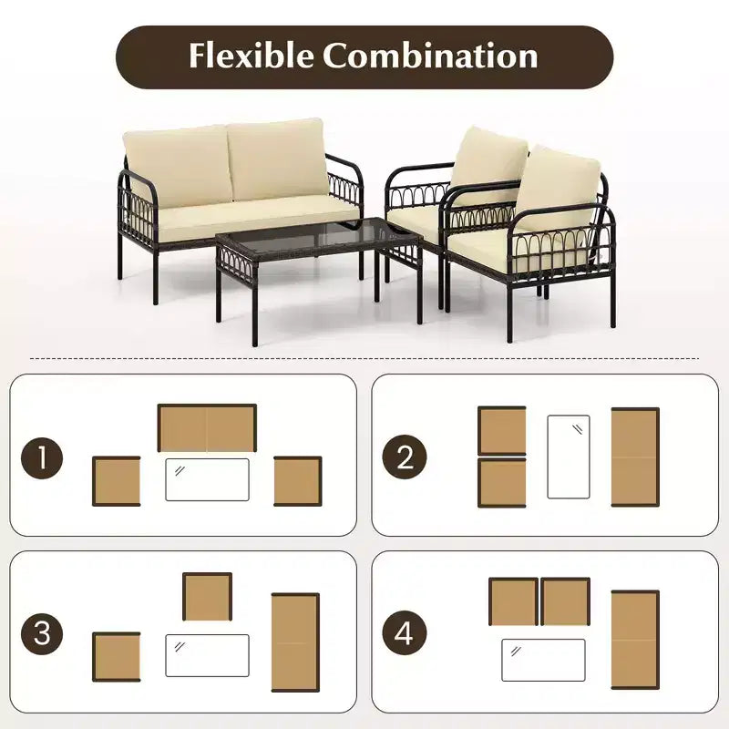 Costway 4 PCS Patio Furniture Set Outdoor Wicker Conversation Bistro Set with Soft Cushions