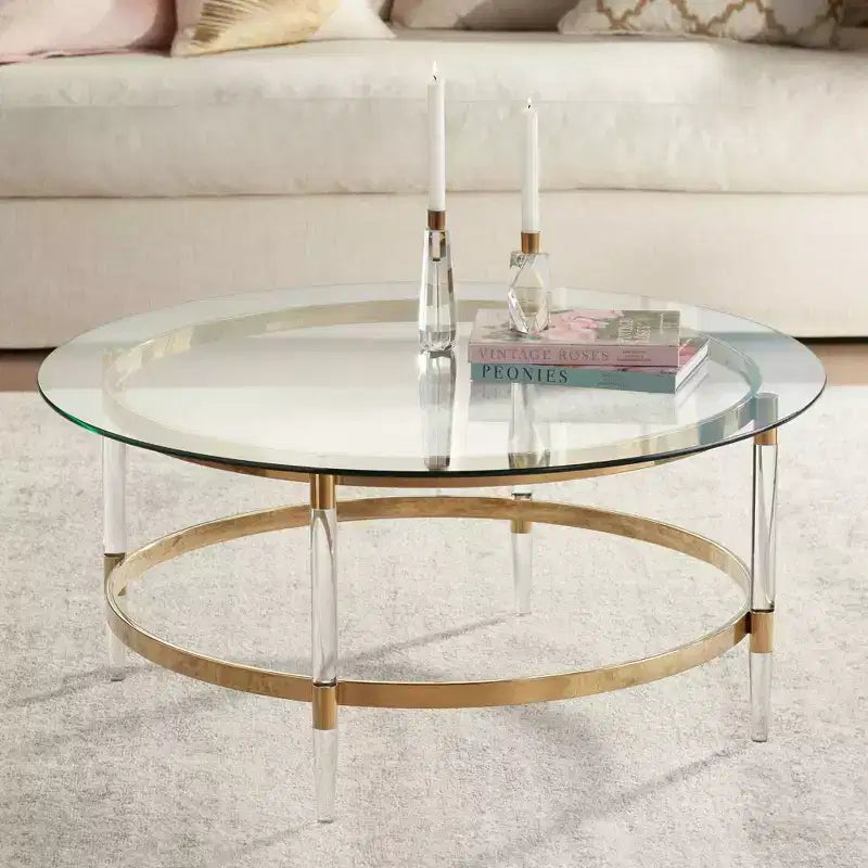 55 Downing Street Saarinen Modern Minimalist Gold Round Coffee Table 38 Wide Clear Glass Tabletop and Legs for Living Room Bedroom House