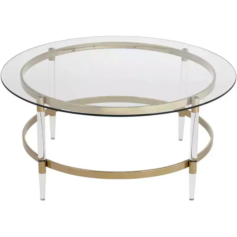55 Downing Street Saarinen Modern Minimalist Gold Round Coffee Table 38 Wide Clear Glass Tabletop and Legs for Living Room Bedroom House