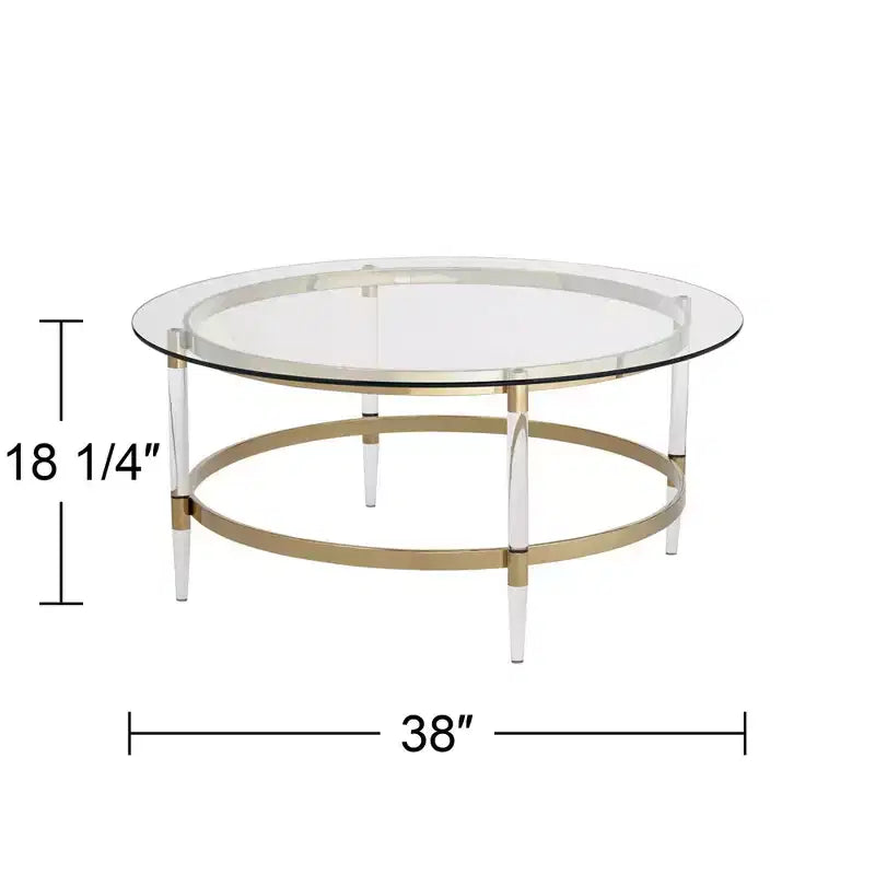 55 Downing Street Saarinen Modern Minimalist Gold Round Coffee Table 38 Wide Clear Glass Tabletop and Legs for Living Room Bedroom House
