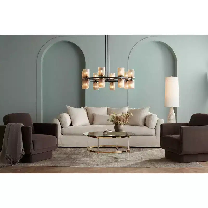 55 Downing Street Saarinen Modern Minimalist Gold Round Coffee Table 38 Wide Clear Glass Tabletop and Legs for Living Room Bedroom House