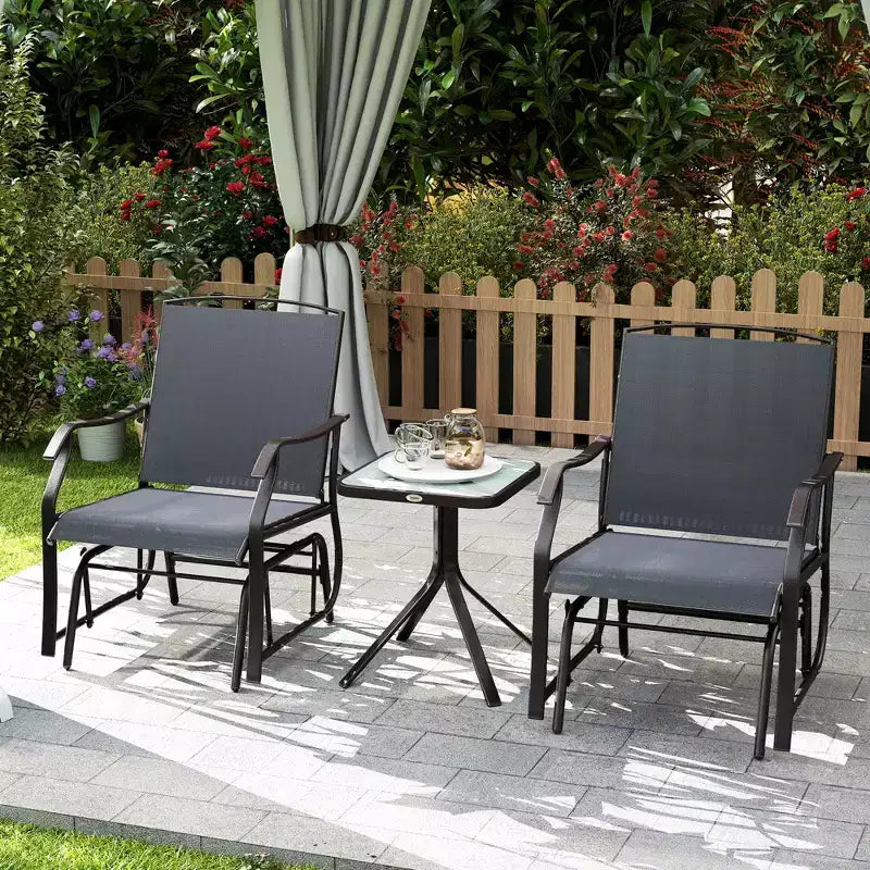 Outsunny 3 Pcs Outdoor Gliders Set Bistro Set with Glass Top Table for Patio, Garden, Backyard, Lawn