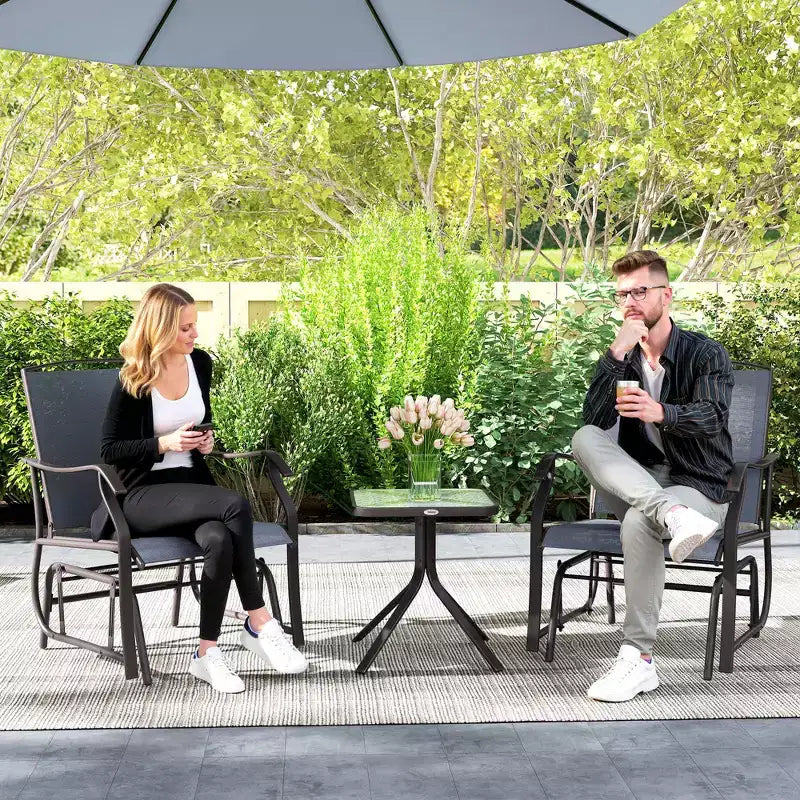 Outsunny 3 Pcs Outdoor Gliders Set Bistro Set with Glass Top Table for Patio, Garden, Backyard, Lawn