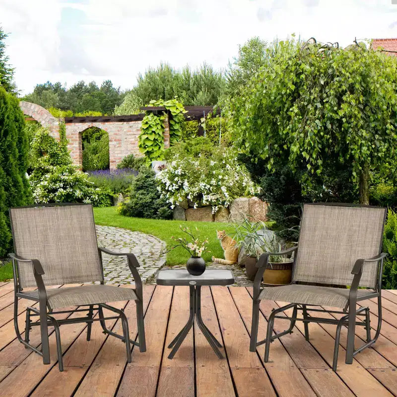 Outsunny 3 Pcs Outdoor Gliders Set Bistro Set with Glass Top Table for Patio, Garden, Backyard, Lawn