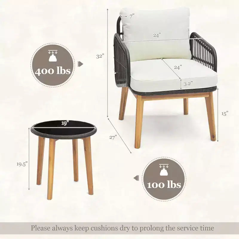 Costway 3 PCS Patio Furniture Set with Cushioned Chairs and Tempered Glass Side Table